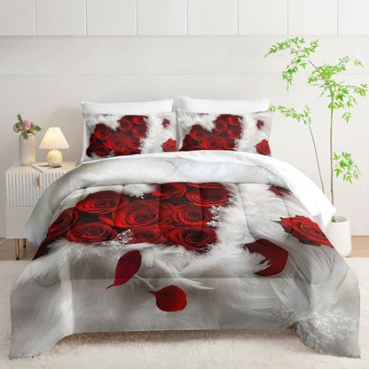7 Piece Rose White and Red Comforter Set Queen Size Bed，Valentine’S Day Valentines Day Bedding Queen Floral，(1 Comforter, 1 Flat Sheet, 1 Fitted Sheet, 2 Pillowcase and 2 Pillow Sham)