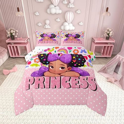 Black Girls Comforter Set Full Size,Princess Girl Pink Diamond Glitter Pattern Bedding Set 3Pcs,Cute African Style Americans Quilt Set Kids Teens Cartoon Colorful Flower Duvet Insert,2 Pillowcases