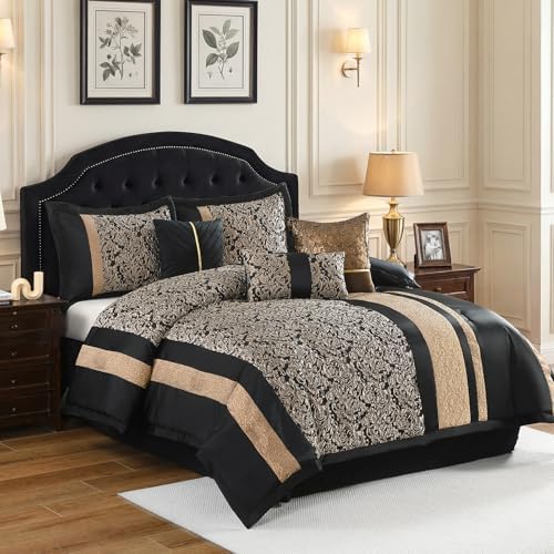 Bedduvit Luxury 7 Piece Queen Comforter Set - Vintage Elegant Floral Jacquard Black and Gold Bed in Bag, Chic Stripe Botanical Patchwork Thick Bedding Set with Bed Skirt, Decorative Pillows, Shams