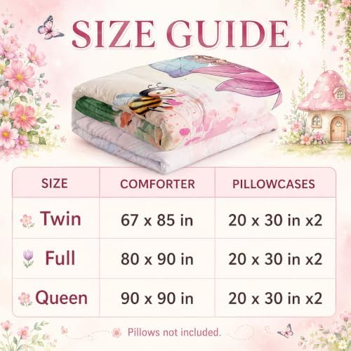 AILONEN Queen Beautiful Fairy Girls Comforter Set,Cute Girls Bedding Set for Kids Teen,Tie Dye Flower Butterfly Pink Comforter Set 3 Piece,1 Comforter with 2 Pillowcases