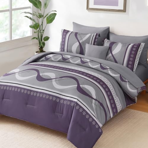 Grey Purple Comforter Set Queen Size,8 Piece Patchwork Striped Bed in a Bag