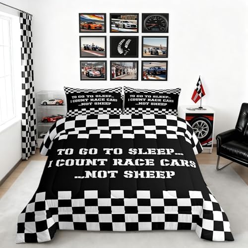 Castle Fairy Racing Theme King Size Comforter Set Kids Sports Car Decor All Season Bedding Set for Girls Teens Black and White Grid Comforter Decor Quilt Set Bedroom Collection 3Pcs