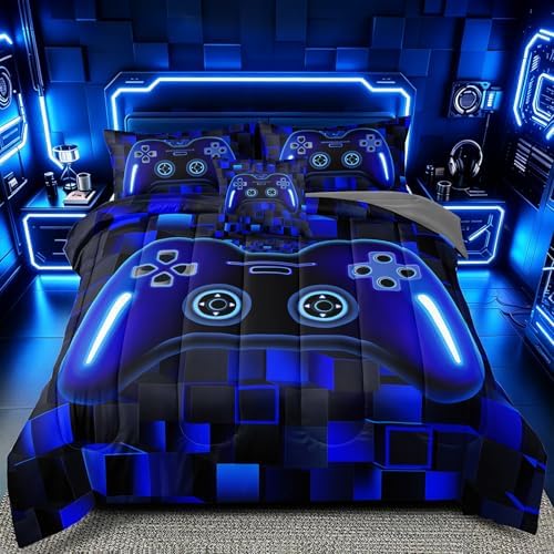 6 Pieces Boys Queen Size Gaming Comforter Set, Blue 3D Cool Video Game Controller Bed in a Bag with Sheets, Soft Lightweight Microfiber Gamer Bedding for Kids Teens, All Season Room Decor Queen52