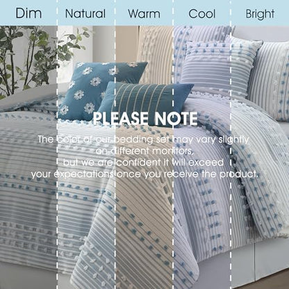 LANCO MODERN LIFESTYLE Queen Comforter Set, Azure, Jacquard Clip Striped Design, Elegant Soft 7 Pieces Bedding Set for All Seasons, Matching Bedskirt, Pillow Shams and Decor Pillows