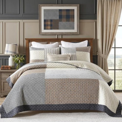 Quilta 100% Cotton Quilt Set, Real Patchwork Plaid Quilts/Brown/Gray/Beige