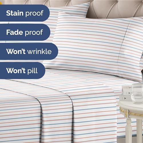 Twin XL 3 Piece Striped Sheet Set - Breathable & Cooling - Red Blue Stripe