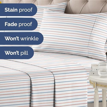 Twin XL 3 Piece Striped Sheet Set - Breathable & Cooling - Red Blue Stripe