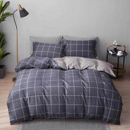 SAPHREAS Boy Gray Plaid Duvet Cover Set Twin Size 2pcs Dark Grey Grid Bedding Comforter Cover Set 1 Duvet Cover 1 Pillow Sham