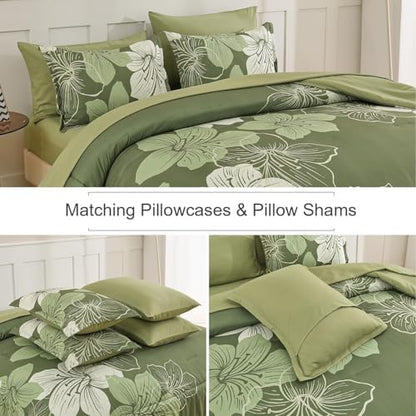 Luxudecor Full Size Comforter Set Olive Green, 7 Pieces Floral Bed in a Bag
