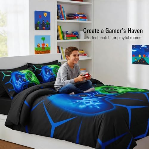 ZRNBAST Blue Green Gamer Comforter Set Queen Size Boys Gaming Bed in a Bag