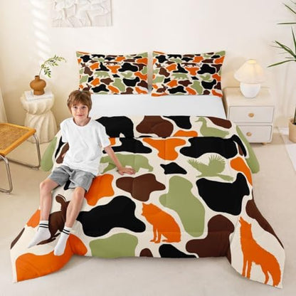 Feelyou Camouflage Bedding Set Soft for Boys Girls, Military Style Comforter Set Toddler Size Army Hunting Duvet Quilt Microfiber Rustic Bear Wolf Bedroom Decor 2 Pcs with 1 Pillow Cases