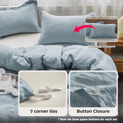 Simple&Opulence 100% French Linen Duvet Cover Set with Embroidered,2 Pcs Washed Soft Farmhouse Bedding Set with Button Closure,1 Comforter Cover and 1 Pillowsham(Twin,Dusty Blue)