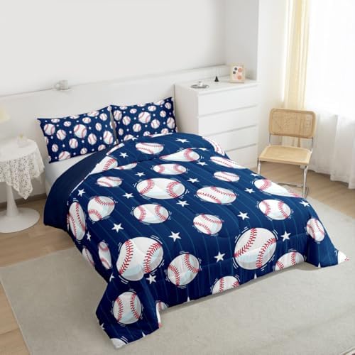 Baseball Comforter Set King Size,Ball Sports Games Bedding Set 3pcs for Kids Boys Teens Room Decor,Geometric Star Navy Blue Stripes Quilted Duvet Modern Fashion Bedspread with 2 Pillowcases