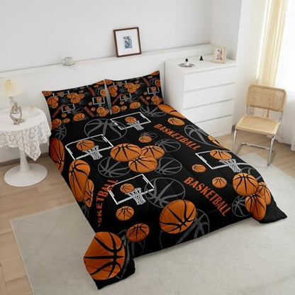 Castle Fairy Orange Basketball Comforter Set,Sports Basketball Bedding Set for Kids Girls Boys,Teens Adults Ball Gaming Comforter,Black and White Quilted Duvet Set Bedroom Collection Twin Size 2Pcs
