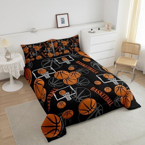 Castle Fairy Basketball Bedding Set Ball Frame Comforter Set for Kids Boys Sports Games Comforter Black Orange Quilt Set 1 Comforter Set with 1 Pillowcase Toddler Size
