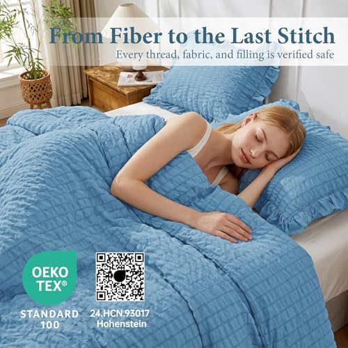 JOLLYVOGUE Twin Size Comforter Set, 2 Pieces Sea Blue Seersucker Lightweight Fluffy Bedding Set, Twin Ruffle Comforter, All Season Soft Microfiber Shabby Chic Bed Set