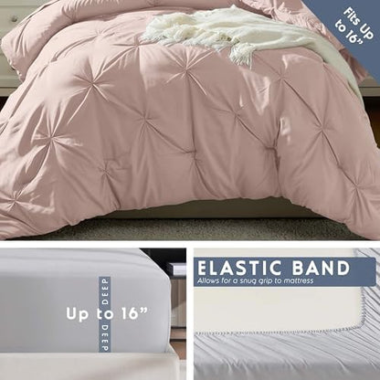 Nestl 7 Piece Twin XL Comforter Set – Blush Pink Pinch Pleated Bed in a Bag – Complete Twin XL Size Bedding Set with Sheets, Set of 2 Cooling Pillows, Pillowcase and Sham