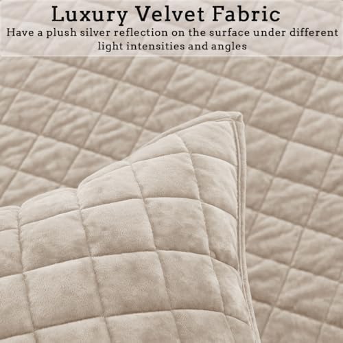 Quilt Set Oversized King Size 120x120 Luxurious Velvet Bedding Sets with 2 Pillow Shams 20x36 3 Pieces Ultra Soft Quilted Bedspread Coverlet Comforter for All Season,Beige