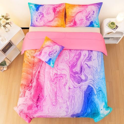 4 Pcs Tie Dye Full Bedding Set for Girls, Watercolor Marble Abstract Art Superior Girls Comforter Sets Full Size, Colorful Teenage Bedding Sets