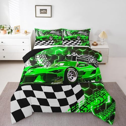 Toddler Race Car Bed for Boys,Green Neon Lights Honeycomb Bedding Set Cool Sports Car Glitter Beehive Geometric Hexagon Queen Comforter Set,Black White Grid Lattice Quilt Buffalo Plaid Decor