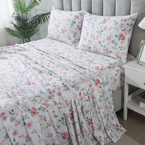 FADFAY King Sheets Set Percale Cotton Floral Bed Sheets Deep Pocket Fitted Sheet, Luxury Morning Glories Floral Printed Shabby Bedding for All Season, Super Soft Crisp & Breathe,4pcs