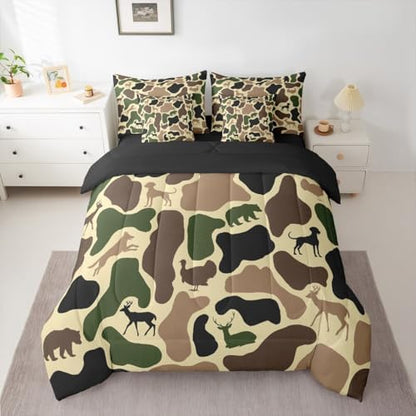 Erosebridal Turkey Wolf 7 Piece Bedding Set Full Camouflage Comforter Set with Sheets Yellow Camo Farmhouse Army Bed in a Bag Bear Hound Deer Animal Theme for Kids Boys Girls