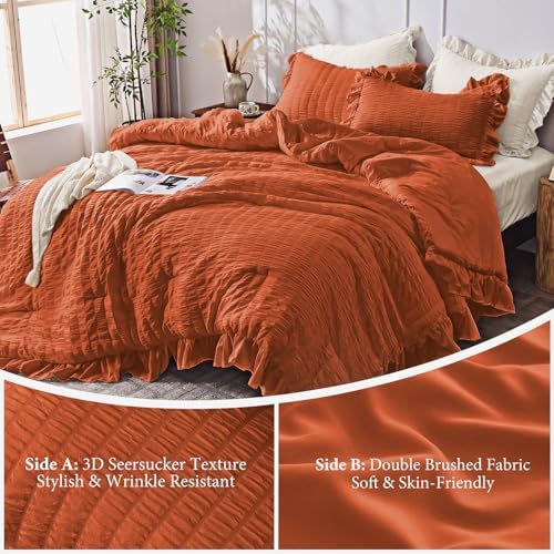 JOLLYVOGUE King Comforter Set, 3 Pieces Seersucker Comforters King Size, Lightweight & Fluffy Bedding Sets King for All Season with 1 Ruffle Comforter and 2 Ruffle Pillowshams, Burnt Orange