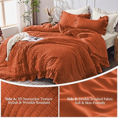 JOLLYVOGUE Burnt Orange Comforter Full Size, 3 Pieces Seersucker Lightweight Full Size Bedding, All Season Fluffy Microfiber Bedding Comforter Set with 1 Ruffle Comforter and 2 Ruffle Pillowshams