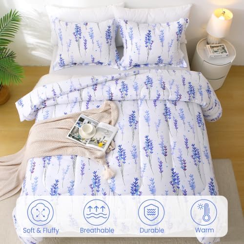 Mooreeke King Size Comforter Sets, Lavender Flower Cluster Patterned Bedding for All Seasons, 3-Piece Vintage Bed in a Bag with Fluffy Quilted Reversible Comforter & 2 Pillow Shams