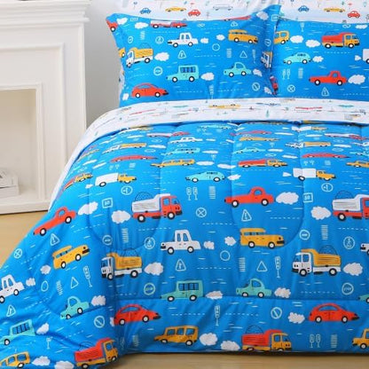 Viviland Kids Twin Bedding Sets, Boys Comforter, Deep Blue Traffic Cars