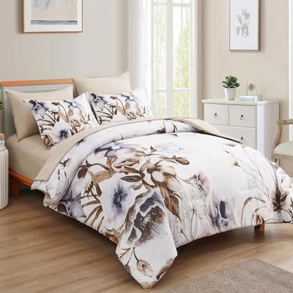 Luxudecor Floral Comforter Set King Size 7 Piece, Beige Flower Bed in a Bag, Elegant Comforter Bedding Set for All Season (Beige, 104"x90")