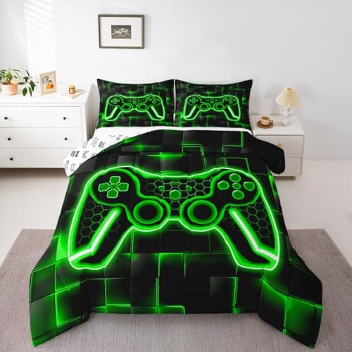 Feelyou Kids Gamer Comforter Set King Size Green and Black Bedding Set for Boys Teens Decor Gaming Ombre Comforter Geometric Square Duvet Set 3Pcs