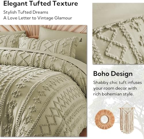 MR&HM 7 Pieces Comforter Set Full, Tufted Boho Farmhouse Bed Set Sage Green