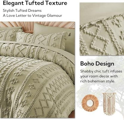 MR&HM King Size Comforter Set 7 Pieces, Boho Tufted Bedding Set Sage Green