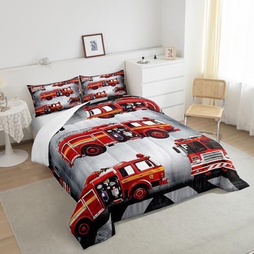 Manfei Fire Truck Comforter Set King Size Red Fire Engine Duvet Insert Cartoon Firemen Car Vehicle Bedding Set 3pcs for Kids Boys Teens Firefighter Transportation Dowm Comforter with 2 Pillowcases
