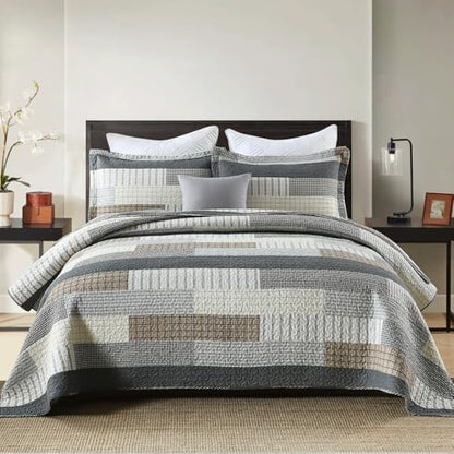 Finlonte Quilt King Size 100% Cotton King Size Quilts Grey Black Brown Quilted Bedspreads Plaid Comforter Set Lightweight Reversible Soft Breathable Bedding Sets for All Season, 3 Pieces