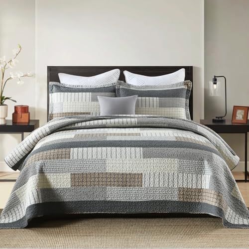 Finlonte Quilt Queen Size 100% Cotton Queen Size Quilts Grey Black Brown Quilted Bedspreads Plaid Comforter Set Lightweight Reversible Soft Breathable Bedding Sets for All Season, 3 Pieces