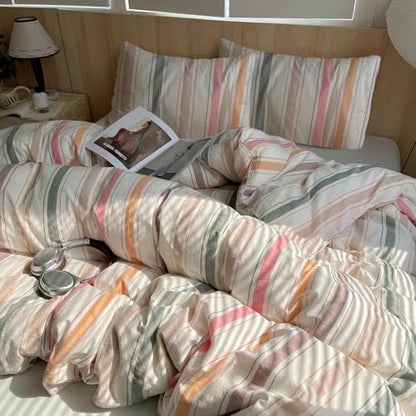 LifeTB Vintage Striped Comforter Set King, 3 Piece Multicolor Stripes Pattern Printed Comforter with 2 Pillowcases, Lightweight Soft Colorful Striped Bedding Set Farmhouse King Size Comforter Set