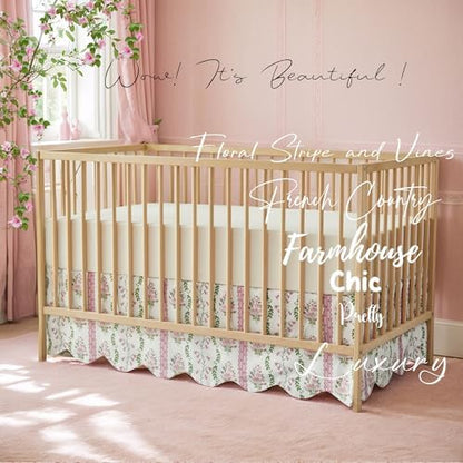 Brandream Scallop Edge Crib Skirt Organic Cotton Toddler Bedskirt Floral Stripes and Vines Baby Nursery Crib Bed Skirt Neutral Vintage Green Pink Floral Bouquet Farmhouse Chic Boho Bohemian Skirt