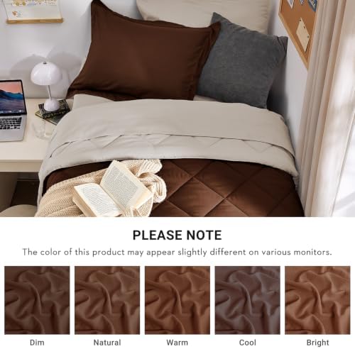 MUXHOMO 5 Pieces Twin XL Comforter Set, Reversible Bed in a Bag Twin XL Size, All Season Bedding Set with Comforter, Flat Sheet, Fitted Sheet, Pillowcases & Shams, Brown & Khaki
