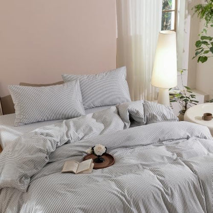 JIYUAN Oversized Queen Washed Cotton Duvet Cover Set Linen-Like Pinstripe