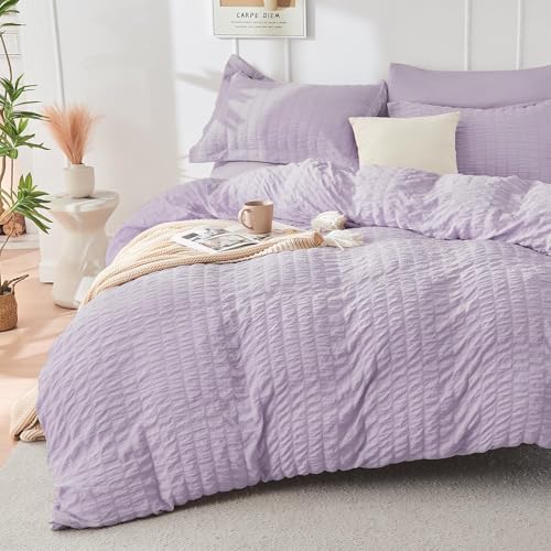 HYMOKEGE Lavender King Size Comforter Set Seersucker 7 Pieces, All Season Luxury Bed in a Bag for Bedroom, Bedding Set with Comforters, Sheets, Pillowcases & Shams