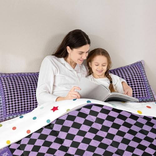 jejeloiu Check Checkered Comforter Set King Size Plaid Damask Floral Bedding Set for Kids Boys Girls Geometric Checkerboard Duvet Quilt Grid Bedroom Decor Microfiber 3 Pcs with 2 Pillow Cases