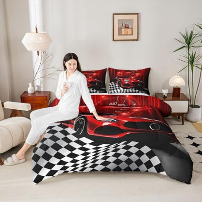 Erosebridal Red Race Car Comforter Set for Teenage Boys,Glitter Ombre Line Art Bedding Set Neon Light Sports Car Dashboard Quilt Full,Black and White Grid Lattice Buffalo Plaid Decor