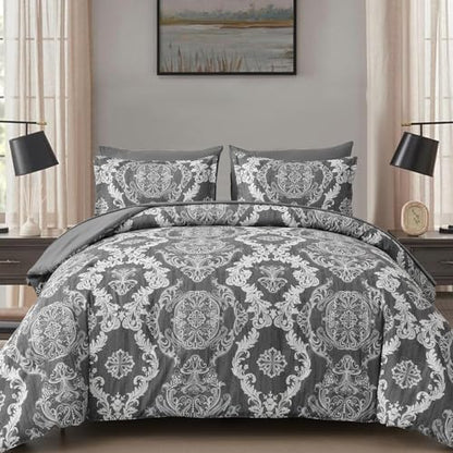 WONGS BEDDING Dark Grey Comforter Set King Size, Damask Texture 7 Pieces Bed in a Bag Microfiber Comforter Bedding Sets -1 Comforter, 1 Flat Sheet, 1 Fitted Sheet, 2 Pillow Shams, 2 Pillowcases