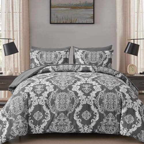 WONGS BEDDING Dark Grey Comforter Set Queen Size, Damask Texture 7 Pieces Bed in a Bag Microfiber Comforter Bedding Sets -1 Comforter, 1 Flat Sheet, 1 Fitted Sheet, 2 Pillow Shams, 2 Pillowcases