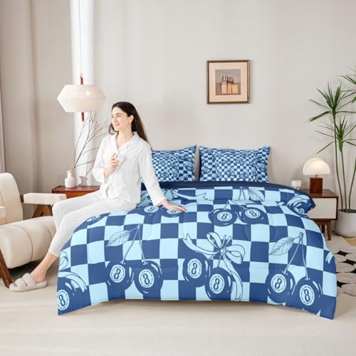 Erosebridal Navy Blue Boys Full Bedding Set 7 Piece Fashion Y2K Lucky 8 Ball Comforter Set for Kids Teen Adults,Cute Cherry Bow Bed in A Bag with Sheets Preppy Aesthetic Geometric Plaid Bed Set