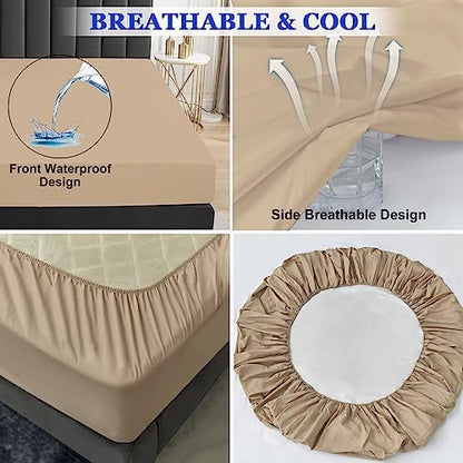 Sufdari Waterproof Mattress Protector, Mattress Cover Twin Size for Bed,18" Deep Pocket Fitted Sheet Style Mattress Protector with Elastic Rubber Band-Light Tan,Twin