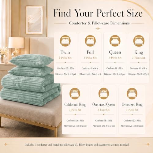 CozyLux Fleece Full Size Comforter Sets, 3 Piece Warm Sage Green Bedding