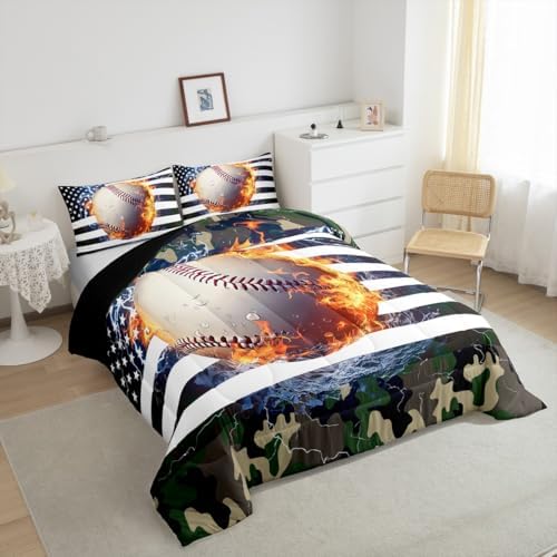 American Flag Comforter Set, Baseball Bedding Set Full For Kids Boys Teens Bedroom Decor, Camouflage Down Comforter Usa Federations Stars Sports Games Quilted Duvet With 2 Pillow Cases, Red Black
